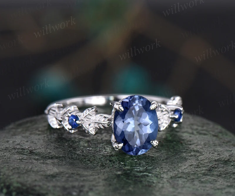 Oval cut Tanzanite ring vintage Tanzanite engagement ring white gold three stone Nature inspired leaf natural sapphire ring women jewelry