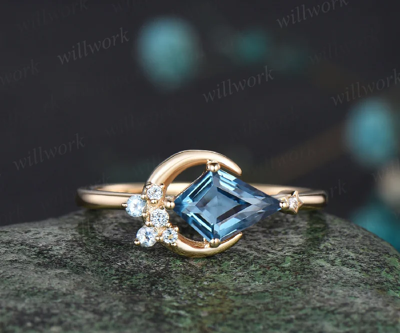 Delicate Kite Cut Natural London Blue Topaz Engagement Ring Unique December Birthstone Blue Topaz Cluster Moon Star Wedding Ring Promise Gift For Women