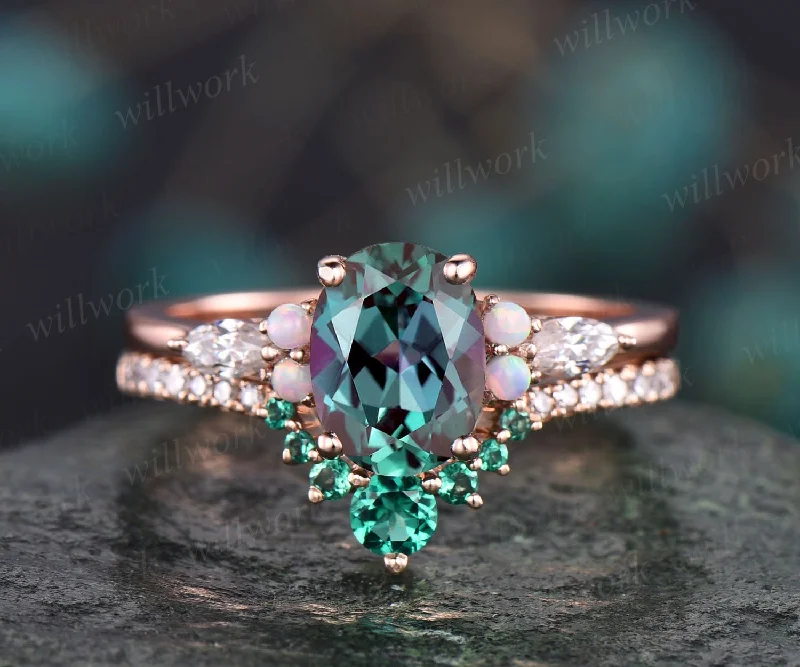 Oval Alexandrite wedding set vintage Alexandrite engagement ring set opal ring set emerald ring set diamond ring set women rose gold ring