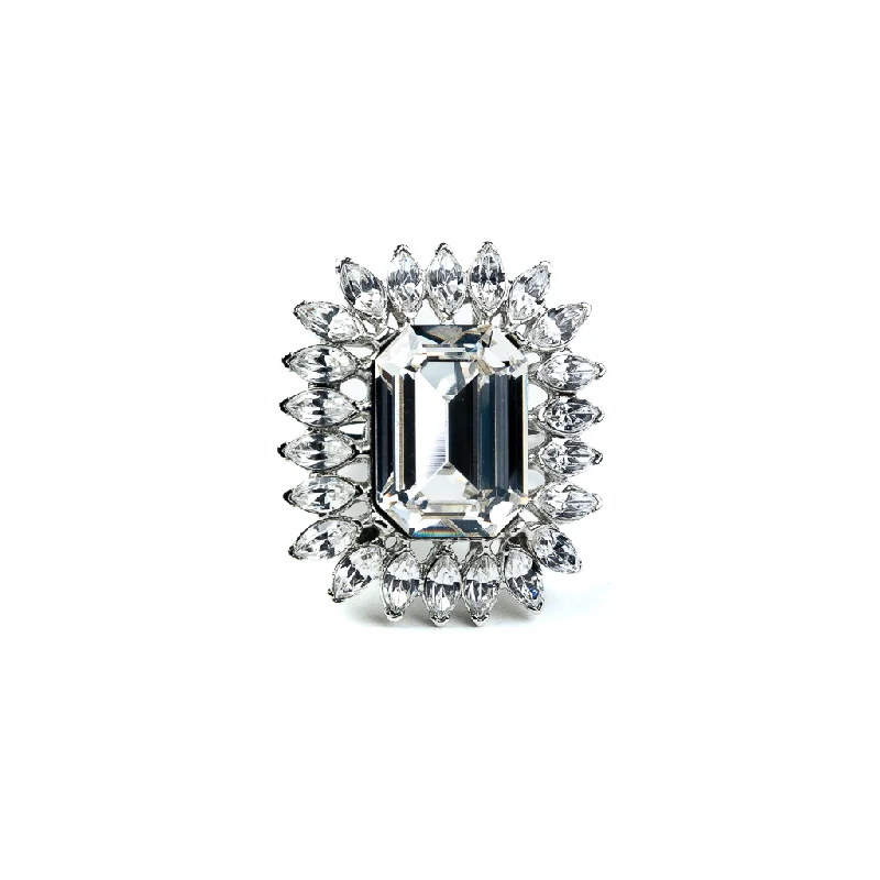 Rhodium and Rhinestone Ring with Crystal Center